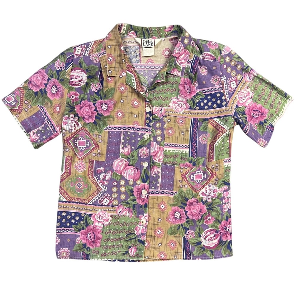 Cricket Lane Floral Patchwork‎ Button Up Top Women 12 Purple Multi Vintage Short